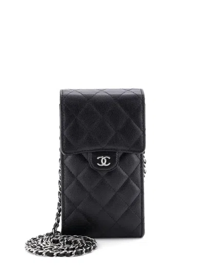 Pre-owned Chanel Cc Flap Phone Holder Crossbody Bag Quilted Caviar Clutch Bag In Black