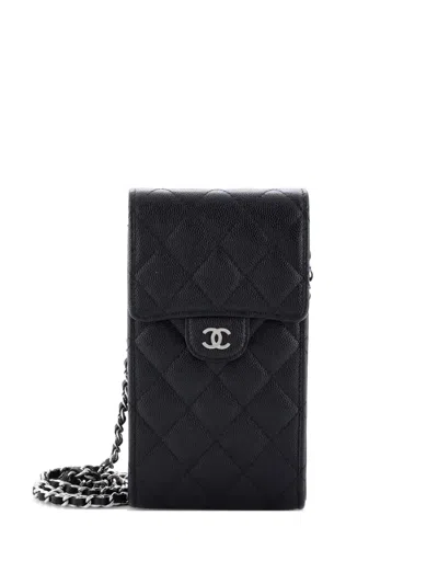Pre-owned Chanel Cc Flap Phone Holder Crossbody Bag Quilted Caviar Clutch Bag In Black