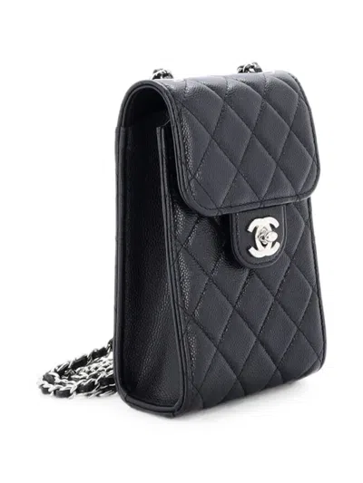 Pre-owned Chanel Cc Flap Phone Holder Crossbody Bag Quilted Caviar Clutch Bag In Black