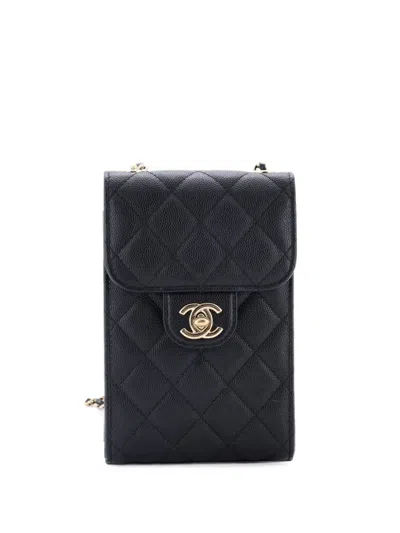 Pre-owned Chanel Cc Flap Phone Holder Crossbody Bag Quilted Caviar Clutch Bag In Black