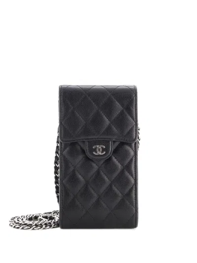 Pre-owned Chanel Cc Flap Phone Holder Crossbody Bag Quilted Caviar Clutch Bag In Black