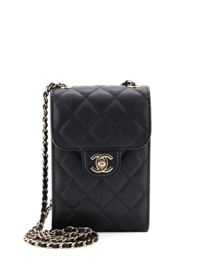Pre-owned Chanel Cc Flap Phone Holder Crossbody Bag Quilted Caviar Clutch Bag In Black