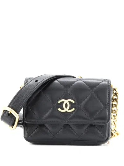 Pre-owned Chanel Cc Flap Resin Pearl Chain Quilted Lambskin Mini Belt Bag In Black