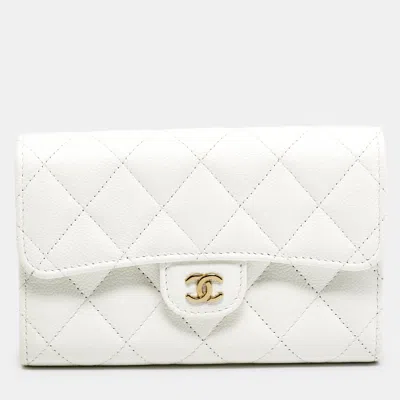Pre-owned Chanel Cc Flap White Caviar Quilted Leather Wallet