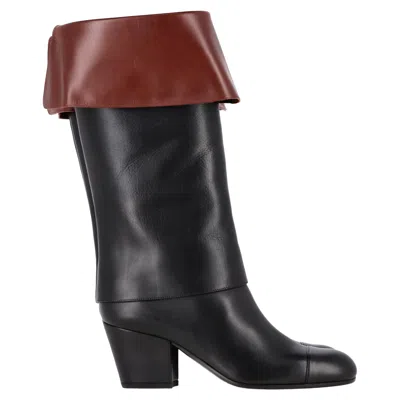 Pre-owned Chanel Cc Foldover Mid-calf Boots In Black Leather