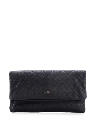 Pre-owned Chanel Cc Foldover Quilted Caviar Clutch Bag In Black