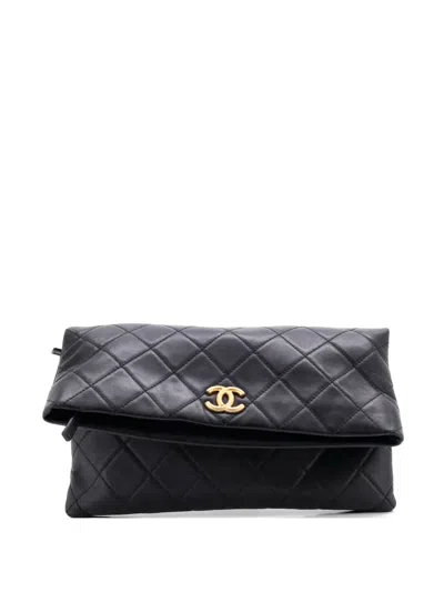 Pre-owned Chanel Cc Foldover Quilted Lambskin Large Clutch Bag In Black