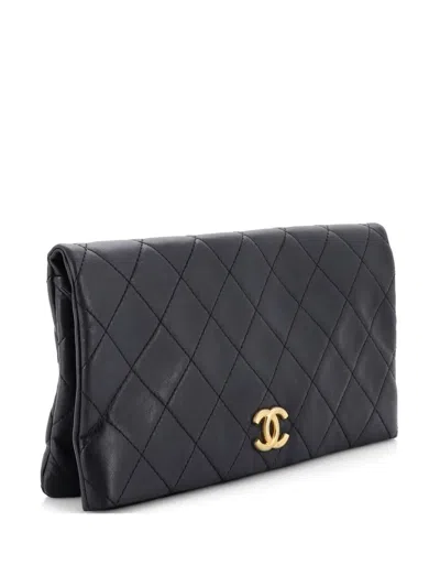 Pre-owned Chanel Cc Foldover Quilted Lambskin Large Clutch Bag In Black