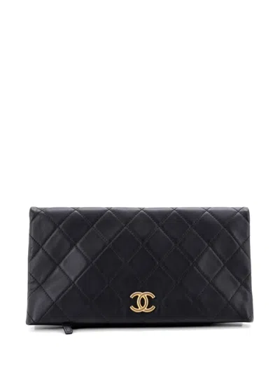 Pre-owned Chanel Cc Foldover Quilted Lambskin Large Clutch Bag In Black