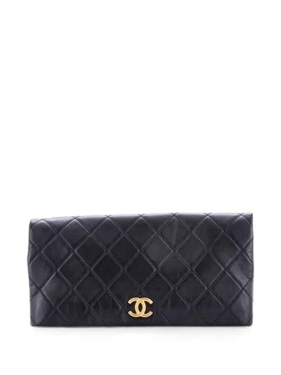Pre-owned Chanel Cc Foldover Quilted Lambskin Large Clutch Bag In Black
