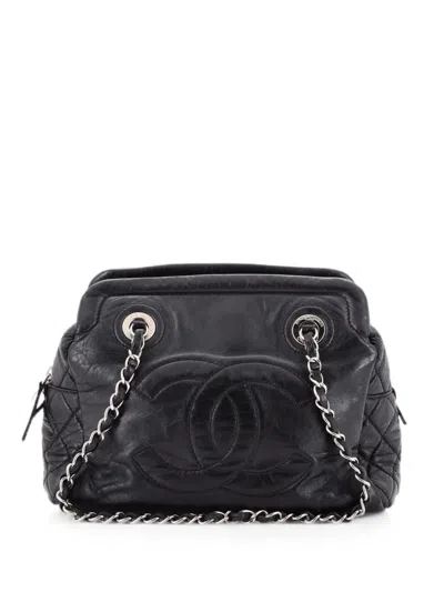 Pre-owned Chanel Cc Frame Calfskin Large Tote Bag In Black