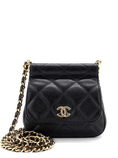 Pre-owned Chanel Cc Frame Flap With Chain Quilted Caviar Clutch Bag In Black