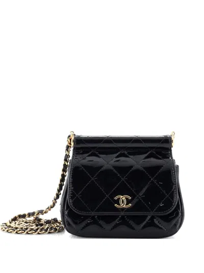 Pre-owned Chanel Cc Frame Flap With Chain Quilted Patent Clutch Bag In Black