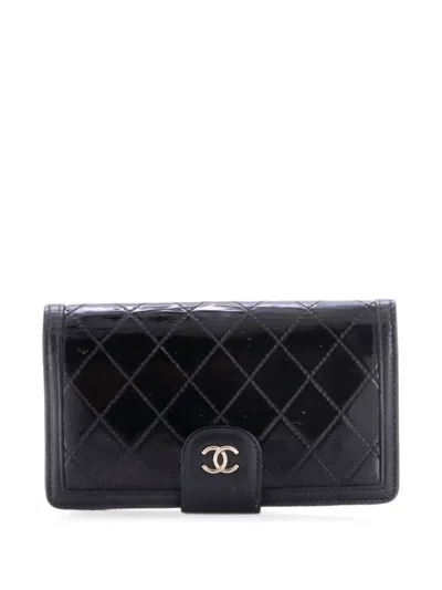 Pre-owned Chanel Cc French Wallet Quilted Patent With Lambskin Long Small Wallets In Black