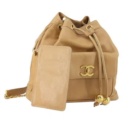 Pre-owned Chanel Cc Front Pocket Backpack Leather Beige Leather Backpack Bag () In Sand