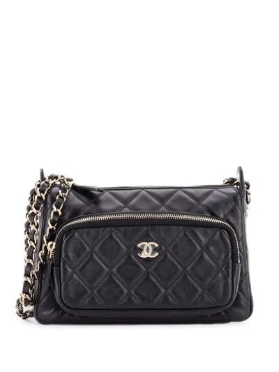 Pre-owned Chanel Cc Front Pocket Zip Clutch With Chain Quilted Lambskin Large Shoulder Bag In Black
