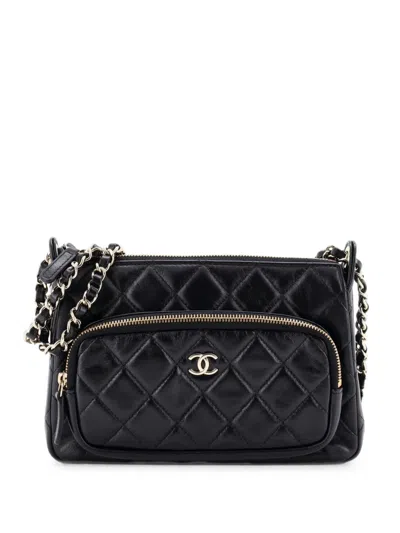 Pre-owned Chanel Cc Front Pocket Zip Clutch With Chain Quilted Lambskin Large Shoulder Bag In Black