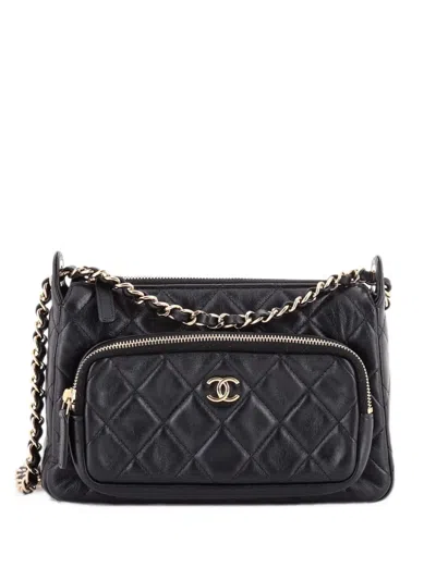 Pre-owned Chanel Cc Front Pocket Zip Clutch With Chain Quilted Lambskin Large Shoulder Bag In Black