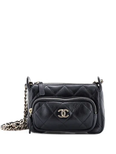 Pre-owned Chanel Cc Front Pocket Zip Clutch With Chain Quilted Lambskin Mini Shoulder Bag In Black