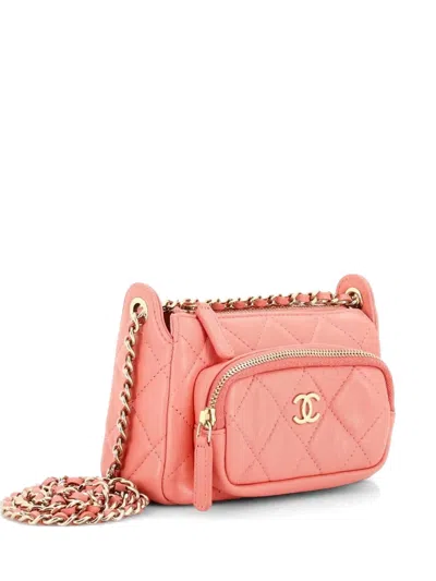 Pre-owned Chanel Cc Front Pocket Zip Clutch With Chain Quilted Lambskin Mini Shoulder Bag In Pink