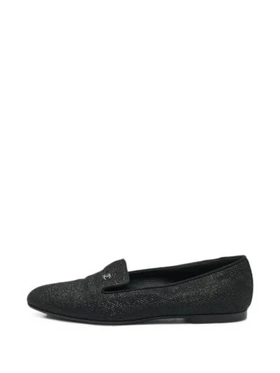 Pre-owned Chanel Cc Glitter Smoking Loafers In Black
