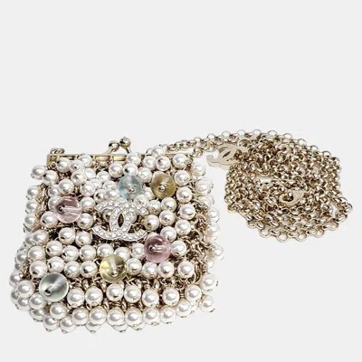 Pre-owned Chanel Cc Gold Crystal Pearl Mini Pouch Necklace