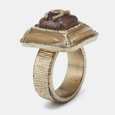 Pre-owned Chanel Cc Gold Tone Enamel Cocktail Ring Size 52