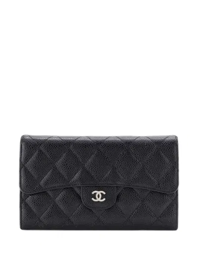 Pre-owned Chanel Cc Gusset Classic Flap Wallet Quilted Caviar Long Small Wallets In Black