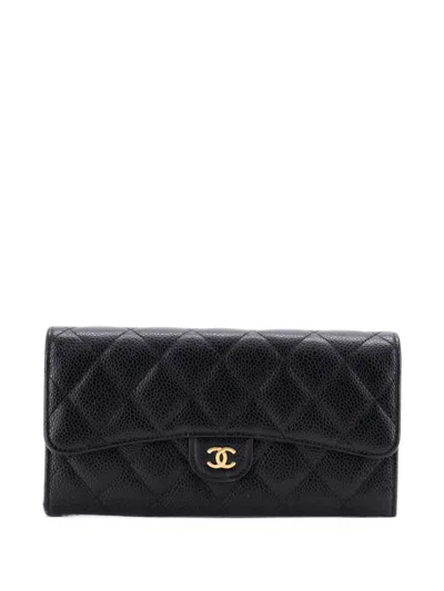 Pre-owned Chanel Cc Gusset Classic Flap Wallet Quilted Caviar Long Small Wallets In Black