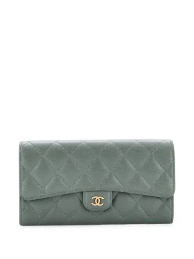 Pre-owned Chanel Cc Gusset Classic Flap Wallet Quilted Caviar Long Small Wallets In Green