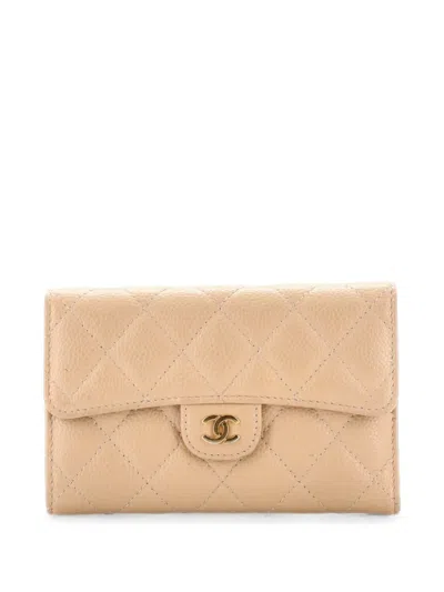 Pre-owned Chanel Cc Gusset Classic Flap Wallet Quilted Caviar Medium Small Wallets In Neutrals