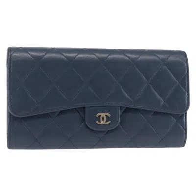 Pre-owned Chanel Cc Gusset Classic Flap Wallet Quilted Lambskin Leather Wallets Accessory () In Blue
