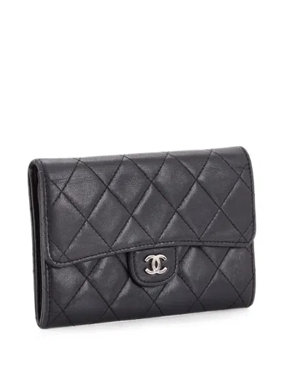 Pre-owned Chanel Cc Gusset Classic Flap Wallet Quilted Lambskin Small Wallets In Black