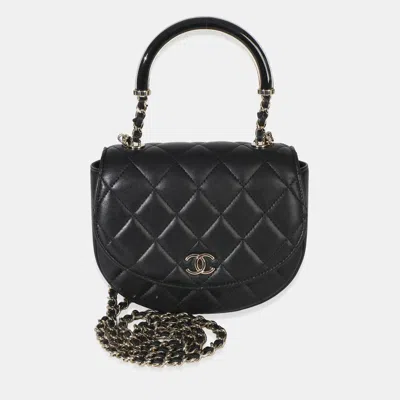 Pre-owned Chanel Cc Half Moon Mini Black Quilted Lambskin Leather Top Handle Bag