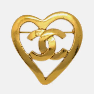 Pre-owned Chanel Cc Heart Brooch Gold