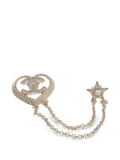 Pre-owned Chanel Cc Heart Brooch In Gold