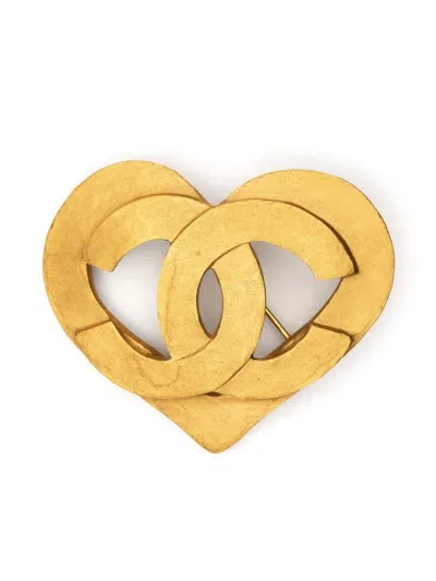 Pre-owned Chanel Cc Heart Brooch In Gold