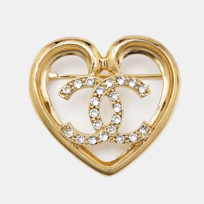 Pre-owned Chanel Cc Heart Crystal Gold Tone Brooch