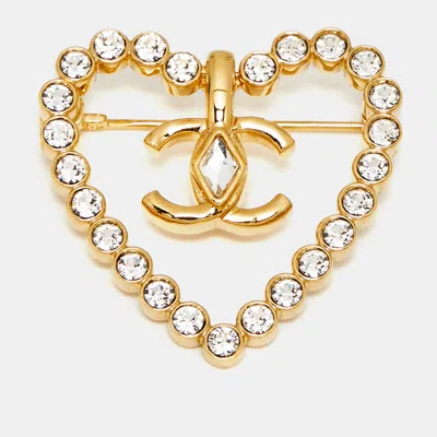 Pre-owned Chanel Cc Heart Crystals Gold Tone Brooch