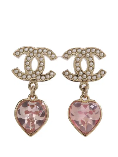Pre-owned Chanel Cc Heart Drop Earrings In Gold