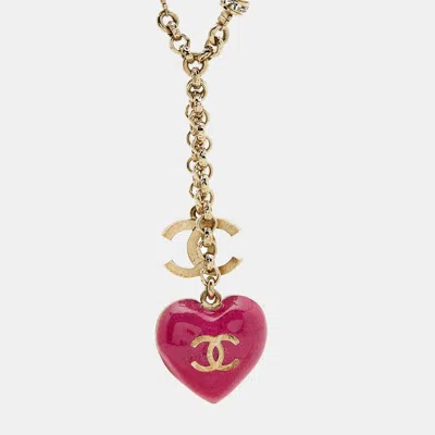 Pre-owned Chanel Cc Heart Faux Pearl Enamel Crystals Gold Tone Chain Necklace