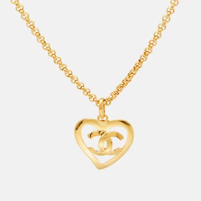 Pre-owned Chanel Cc Heart Gold Tone Necklace