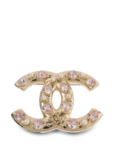 Pre-owned Chanel Cc Heart-crystal Brooch In Gold