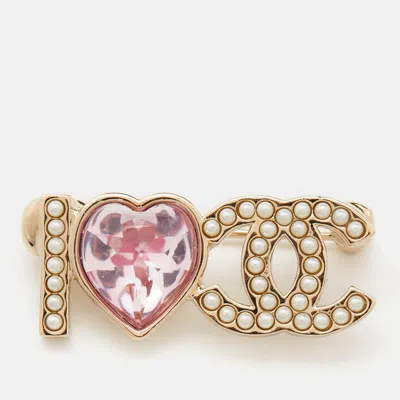 Pre-owned Chanel Cc I Love You Faux Pearl Resin Gold Tone Brooch