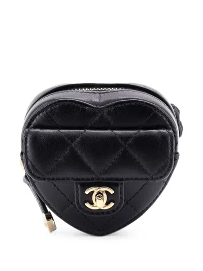 Pre-owned Chanel Cc In Love Heart Arm Zip Coin Purse Quilted Lambskin Pouch In Black
