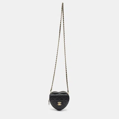 Pre-owned Chanel Cc In Love Heart Black Quilted Leather Chain Clutch