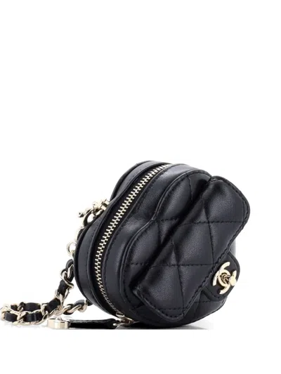 Pre-owned Chanel Cc In Love Heart Chain Necklace Zip Coin Purse Quilted Lambskin Clutch Bag In Black