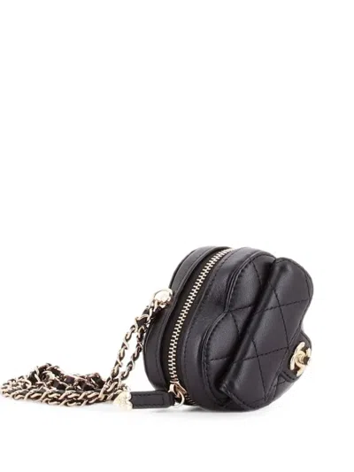 Pre-owned Chanel Cc In Love Heart Chain Necklace Zip Coin Purse Quilted Lambskin Clutch Bag In Black
