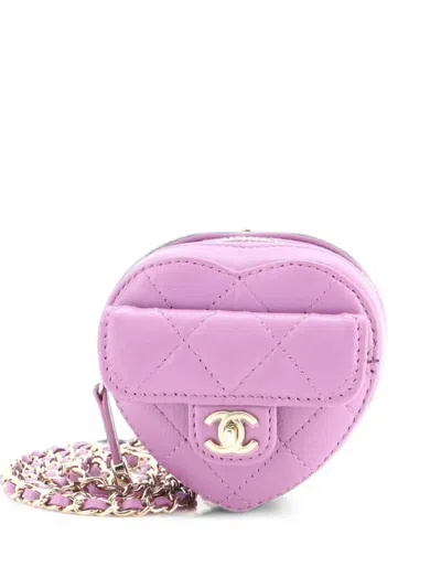 Pre-owned Chanel Cc In Love Heart Chain Necklace Zip Coin Purse Quilted Lambskin Clutch Bag In Purple