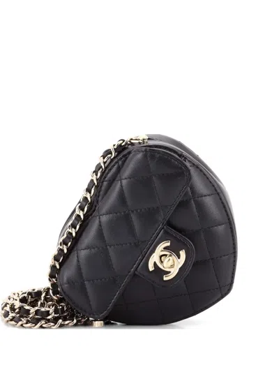 Pre-owned Chanel Cc In Love Heart Clutch With Chain Quilted Lambskin Crossbody Bag In Black